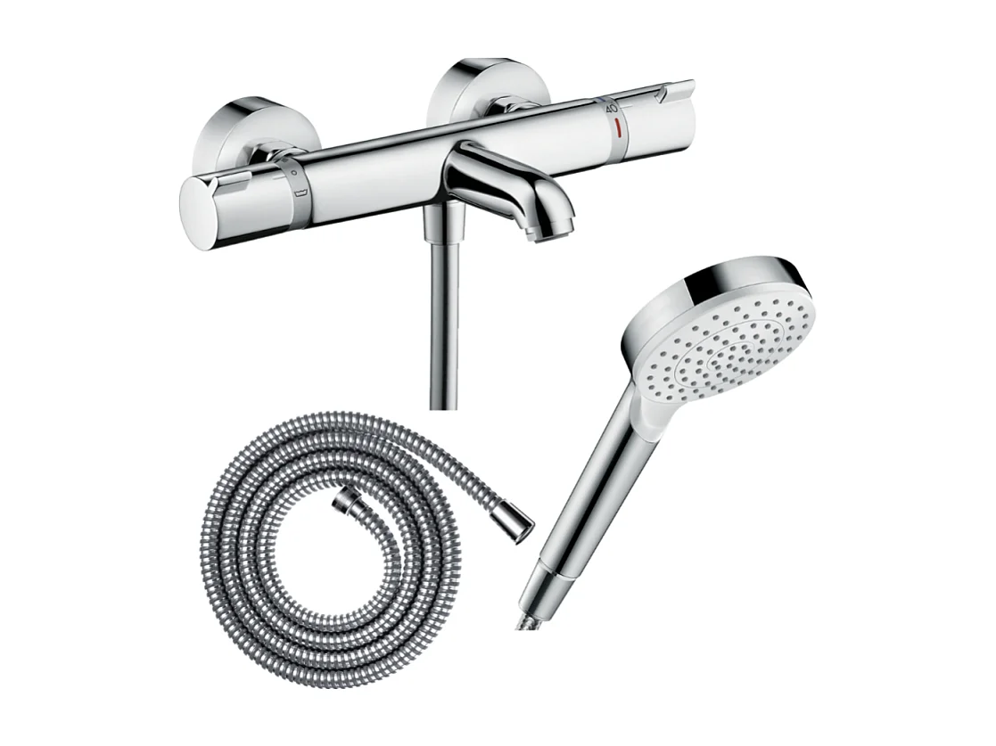 Pack mitigeur bain thermostatique HANSGROHE Ecostat Comfort + Flexible Metaflex 1,6m + Pommeau Vernis Blend EcoSmart chromé