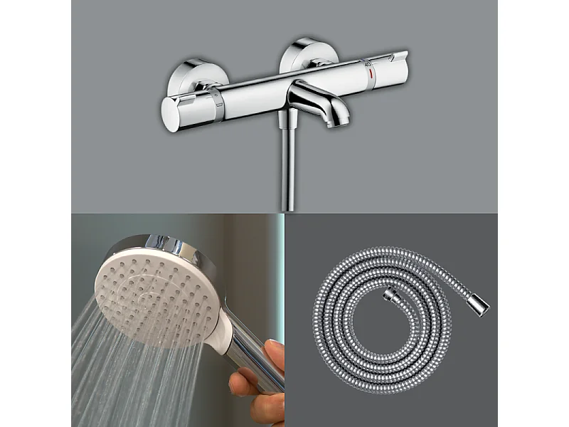 Pack mitigeur bain thermostatique HANSGROHE Ecostat Comfort + Flexible Metaflex 1,6m + Pommeau Vernis Blend EcoSmart chromé