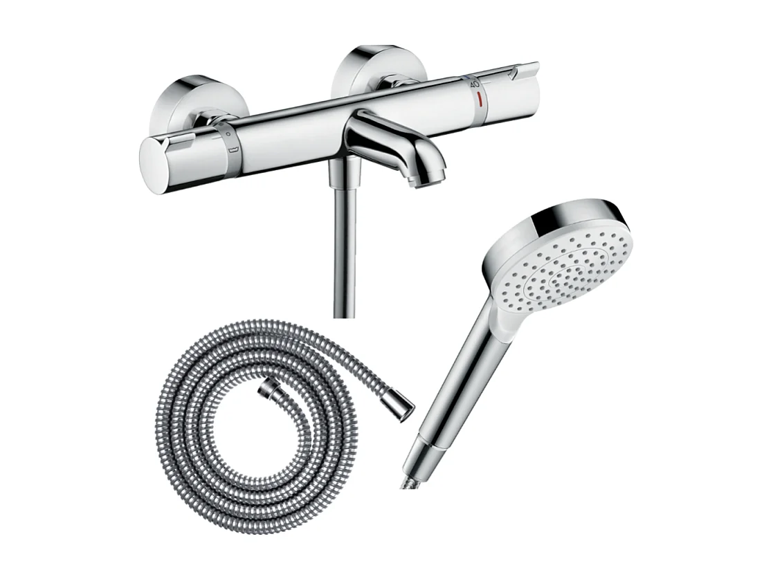 Pack mitigeur bain thermostatique HANSGROHE Ecostat Comfort + Flexible Metaflex 1,6m + Pommeau Vernis Blend EcoSmart chromé
