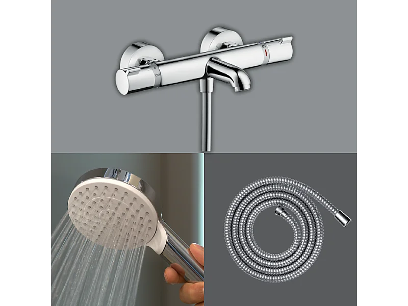 Pack mitigeur bain thermostatique HANSGROHE Ecostat Comfort + Flexible Metaflex 1,6m + Pommeau Vernis Blend EcoSmart chromé