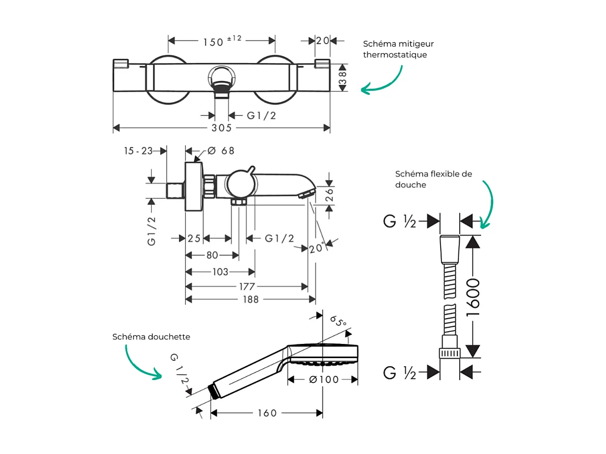 Pack mitigeur bain thermostatique HANSGROHE Ecostat Comfort + Flexible Metaflex 1,6m + Pommeau Vernis Blend EcoSmart chromé
