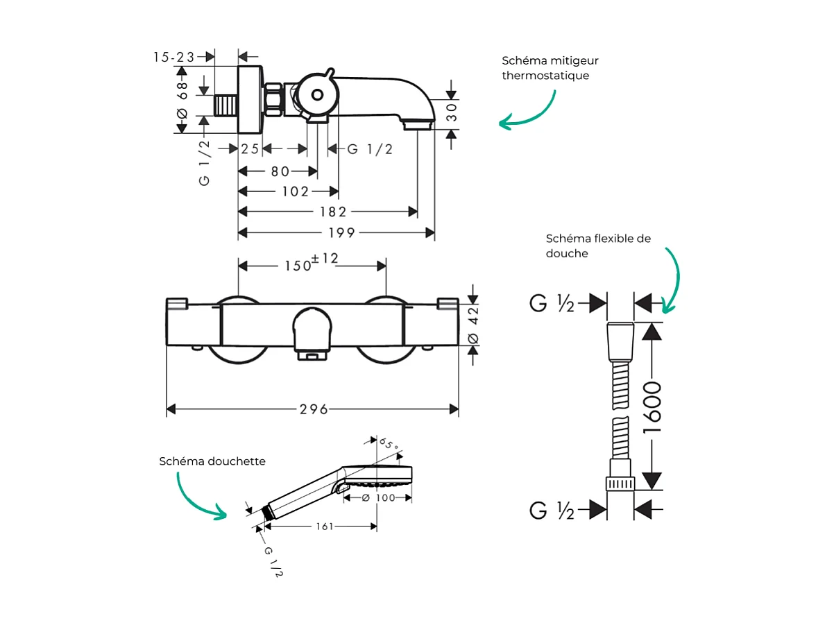 Pack mitigeur bain thermostatique HANSGROHE Ecostat 1001CL + Flexible Metaflex + Pommeau Vernis Blend 100 EcoSmart 2jets chromé