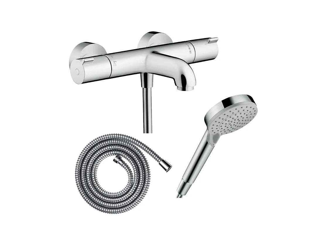 Pack mitigeur bain thermostatique HANSGROHE Ecostat 1001CL + Flexible Metaflex + Pommeau Vernis Blend 100 EcoSmart 2jets chromé