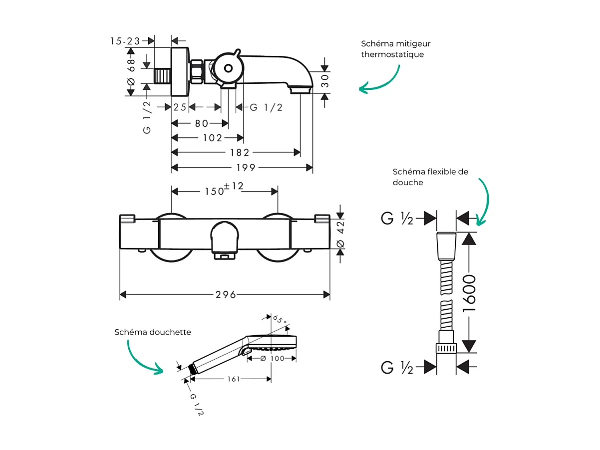 Pack mitigeur bain thermostatique HANSGROHE Ecostat 1001CL + Flexible Metaflex + Pommeau Vernis Blend 100 EcoSmart 2jets chromé