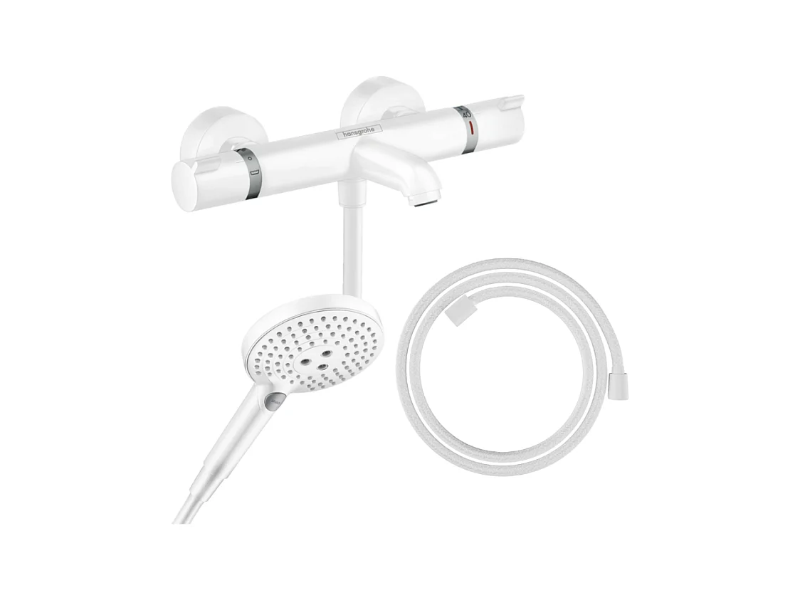 Pack mitigeur bain douche thermostatique HANSGROHE Ecostat Comfort + Flexible Designflex + Pommeau Raindance Select 3jets blanc