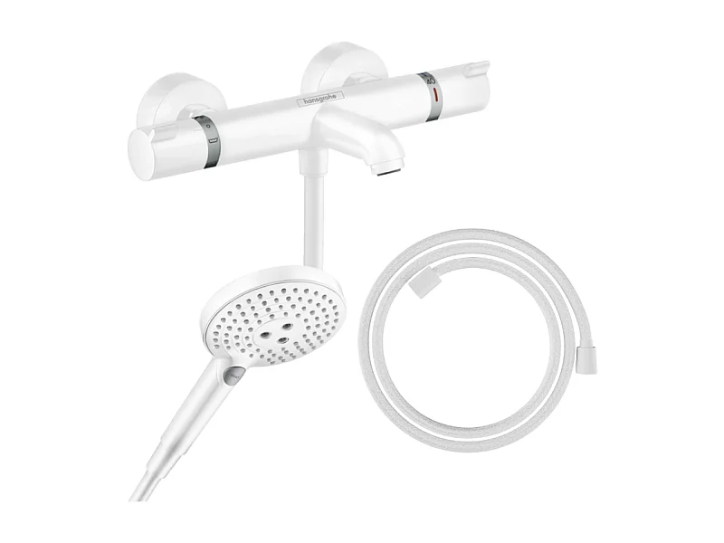 Pack mitigeur bain douche thermostatique HANSGROHE Ecostat Comfort + Flexible Designflex + Pommeau Raindance Select 3jets blanc