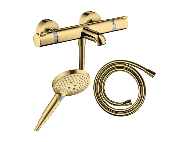 Pack mitigeur bain douche thermostatique HANSGROHE Ecostat Comfort + Flexible Isiflex + Pommeau Raindance Select 3jets doré