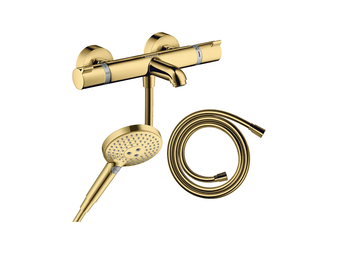 Pack mitigeur bain douche thermostatique HANSGROHE Ecostat Comfort + Flexible Isiflex + Pommeau Raindance Select 3jets doré