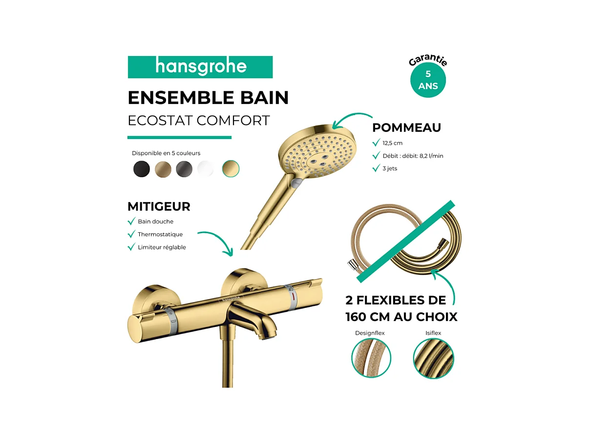 Pack mitigeur bain douche thermostatique HANSGROHE Ecostat Comfort + Flexible Isiflex + Pommeau Raindance Select 3jets doré