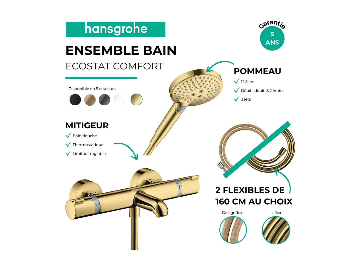 Pack mitigeur bain douche thermostatique HANSGROHE Ecostat Comfort + Flexible Isiflex + Pommeau Raindance Select 3jets doré