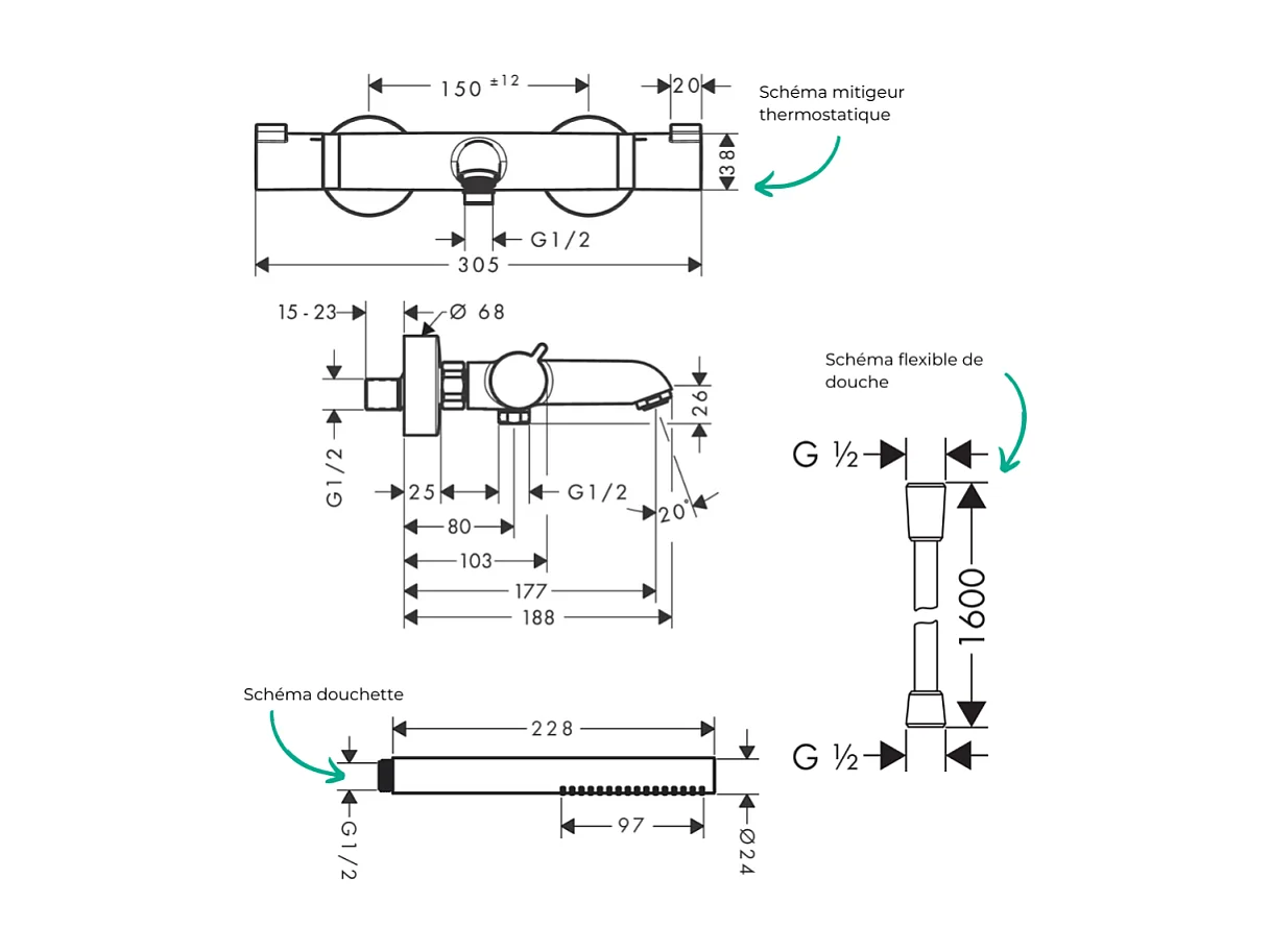 Pack mitigeur bain douche thermostatique HANSGROHE Ecostat Comfort  + Flexible Designflex + Pommeau Pulsify S bronze brossé