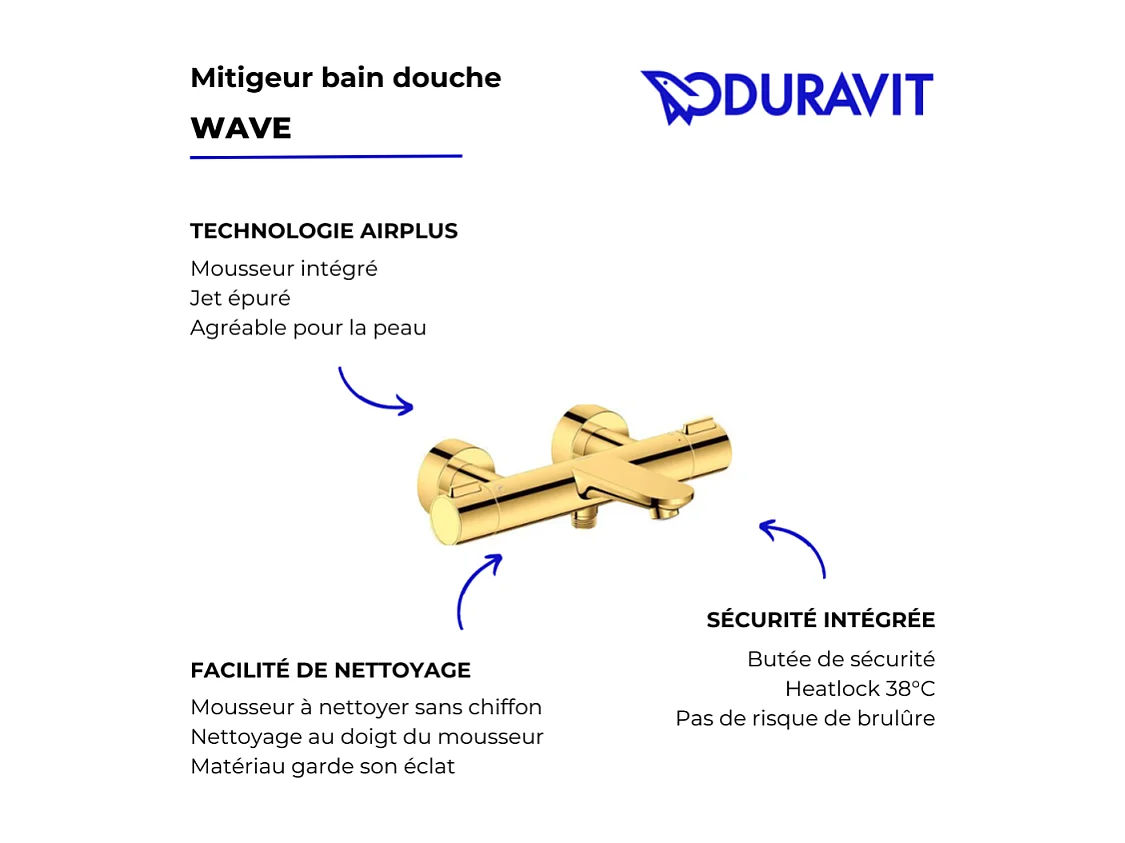 Mitigeur bain douche thermostatique DURAVIT Wave doré poli
