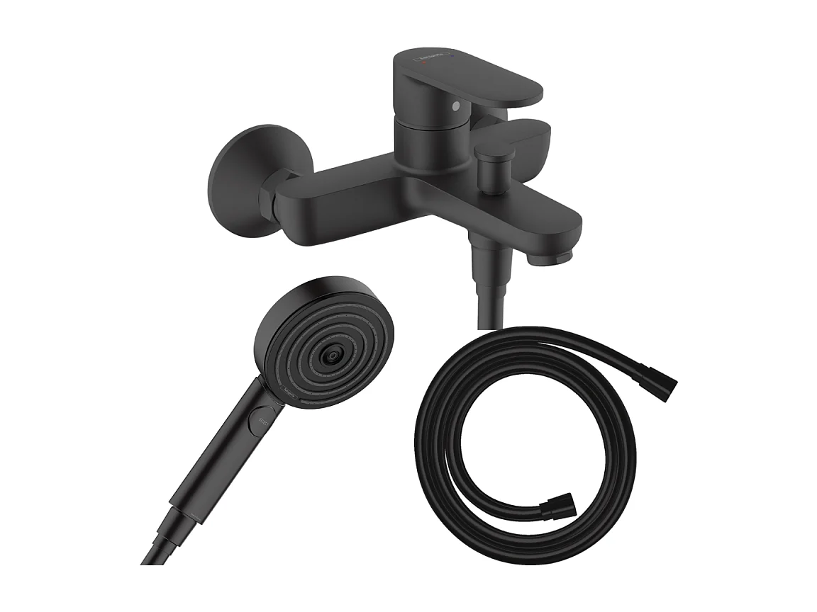 Pack mitigeur bain douche HANSGROHE Vernis Blend + Flexible Isiflex + Pommeau HANSGROHE Pulsify Select 105 3 jets noir mat