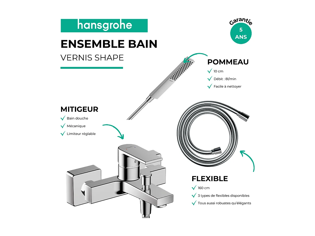 Pack mitigeur bain douche mécanique HANSGROHE Vernis Shape C2 + Flexible Isiflex + Pommeau HANSGROHE Pulsify E 100 EcoSmart chromé
