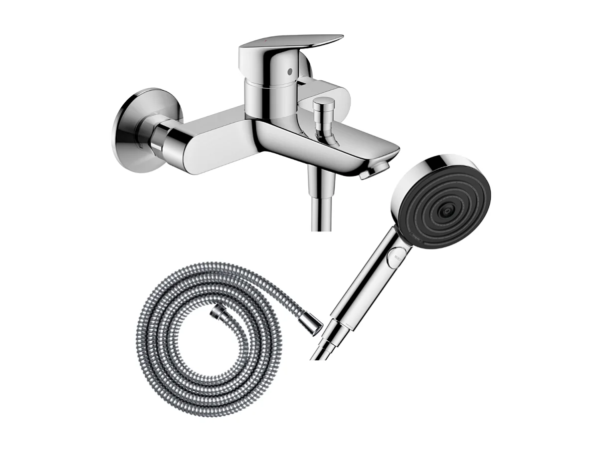 Pack mitigeur bain douche mécanique HANSGROHE Logis + Flexible Metaflex + Pommeau Pulsify Select EcoSmart 105 3jets chromé