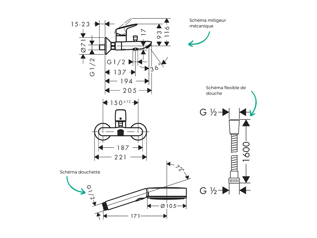 Pack mitigeur bain douche mécanique HANSGROHE Logis + Flexible Metaflex + Pommeau Pulsify Select EcoSmart 105 3jets chromé