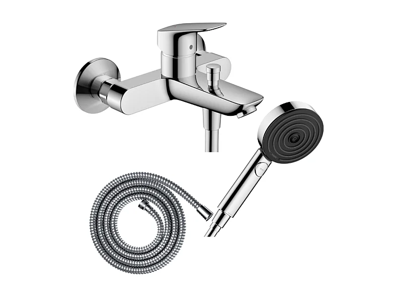 Pack mitigeur bain douche mécanique HANSGROHE Logis + Flexible Metaflex + Pommeau Pulsify Select EcoSmart 105 3jets chromé