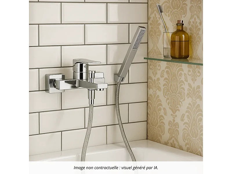 Pack mitigeur bain mécanique HANSGROHE Vernis Shape C2 + Flexible Metaflex + Pommeau HANSGROHE Pulsify E 100 EcoSmart chromé