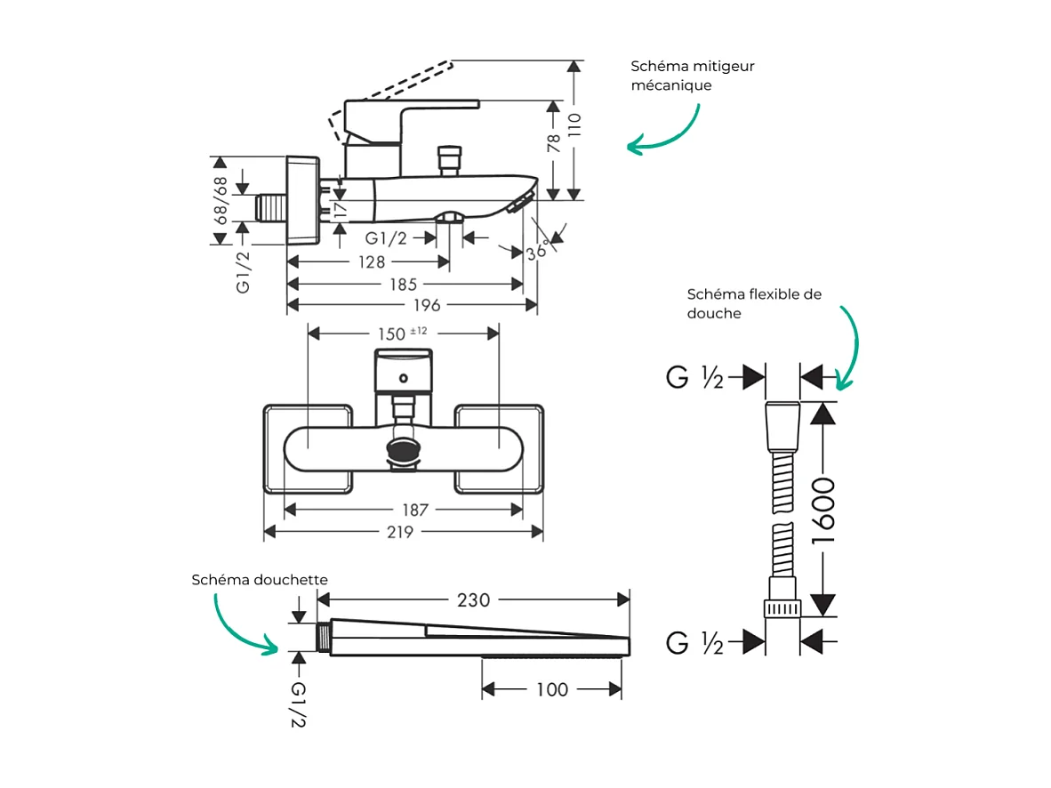 Pack mitigeur bain mécanique HANSGROHE Vernis Shape C2 + Flexible Metaflex + Pommeau HANSGROHE Pulsify E 100 EcoSmart chromé