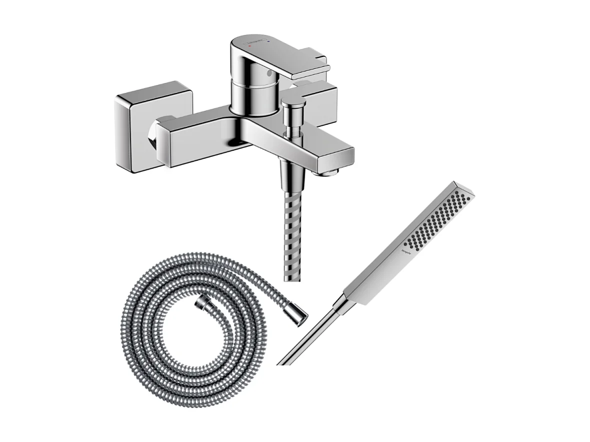 Pack mitigeur bain mécanique HANSGROHE Vernis Shape C2 + Flexible Metaflex + Pommeau HANSGROHE Pulsify E 100 EcoSmart chromé