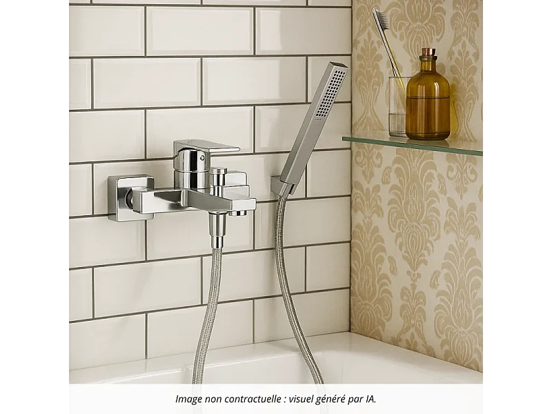 Pack mitigeur bain mécanique HANSGROHE Vernis Shape C2 + Flexible Metaflex + Pommeau HANSGROHE Pulsify E 100 EcoSmart chromé