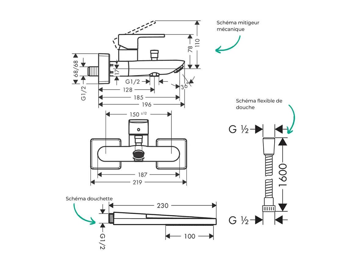Pack mitigeur bain mécanique HANSGROHE Vernis Shape C2 + Flexible Metaflex + Pommeau HANSGROHE Pulsify E 100 EcoSmart chromé