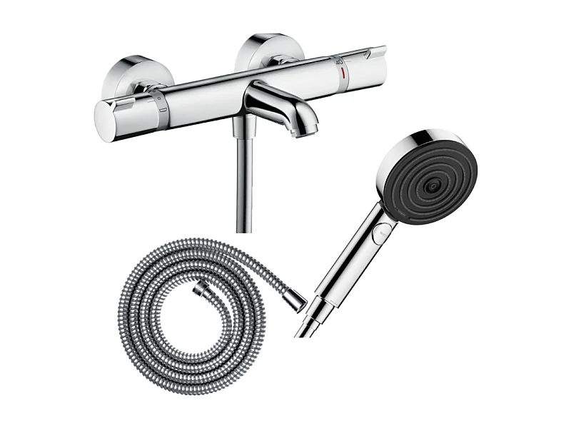 Pack mitigeur bain thermostatique HANSGROHE Ecostat Comfort + Flexible Metaflex 1,6m + Pommeau Pulsify EcoSmart 3 jets chromé