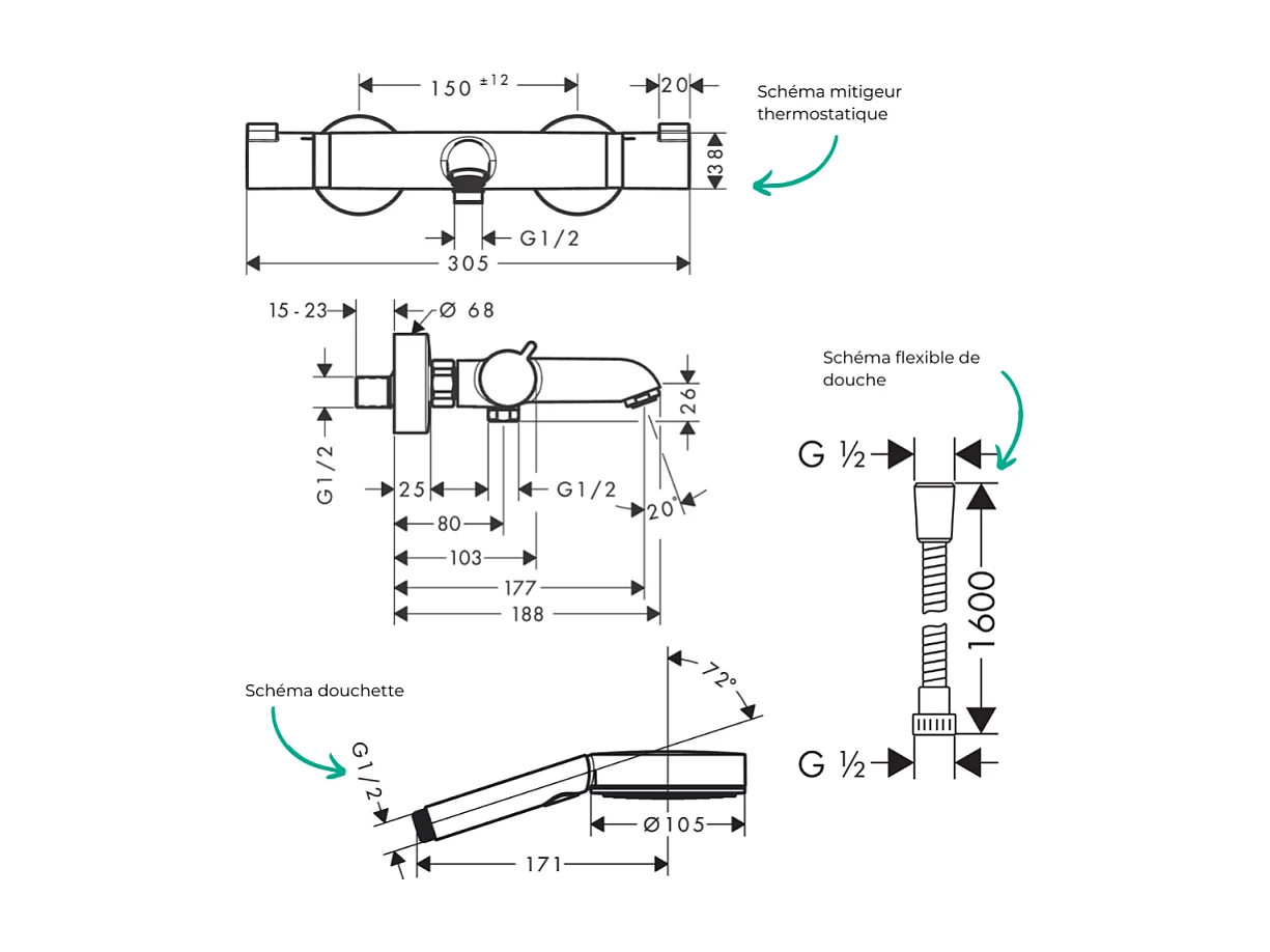 Pack mitigeur bain thermostatique HANSGROHE Ecostat Comfort + Flexible Metaflex 1,6m + Pommeau Pulsify EcoSmart 3 jets chromé