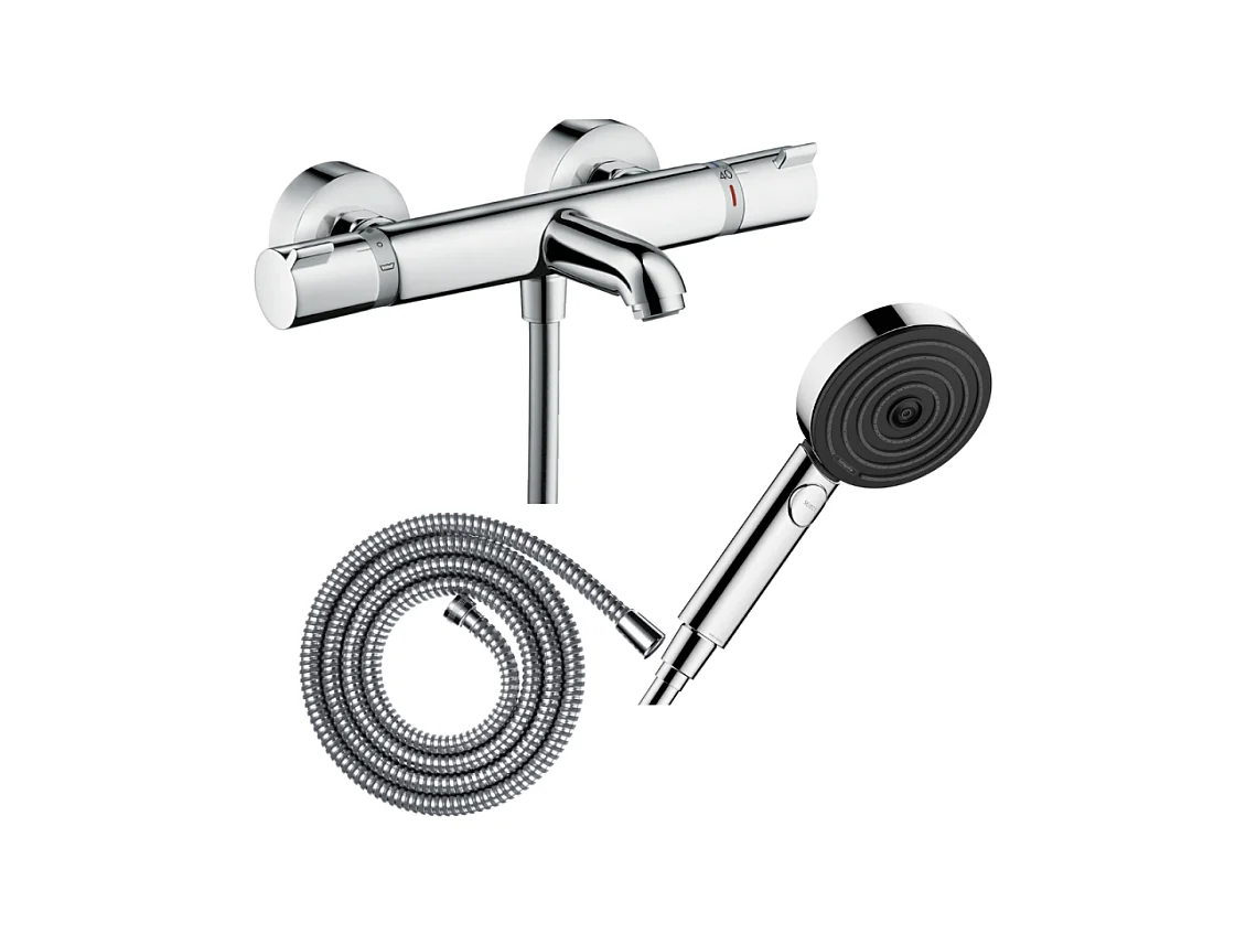 Pack mitigeur bain thermostatique HANSGROHE Ecostat Comfort + Flexible Metaflex 1,6m + Pommeau Pulsify EcoSmart 3 jets chromé