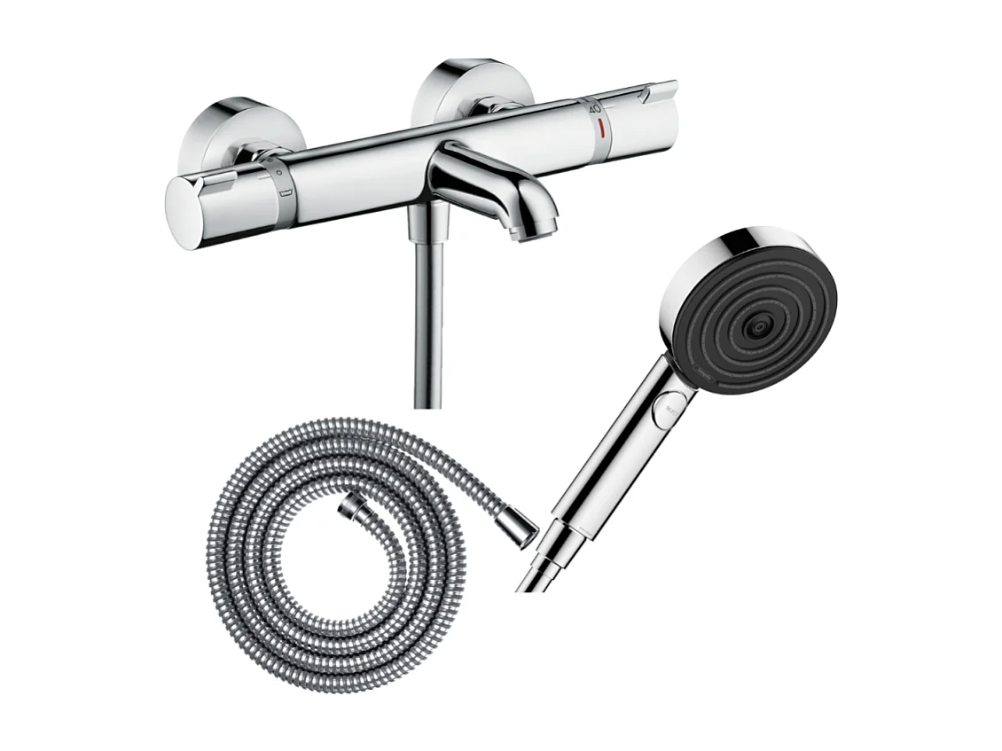 Pack mitigeur bain thermostatique HANSGROHE Ecostat Comfort + Flexible Metaflex 1,6m + Pommeau Pulsify EcoSmart 3 jets chromé