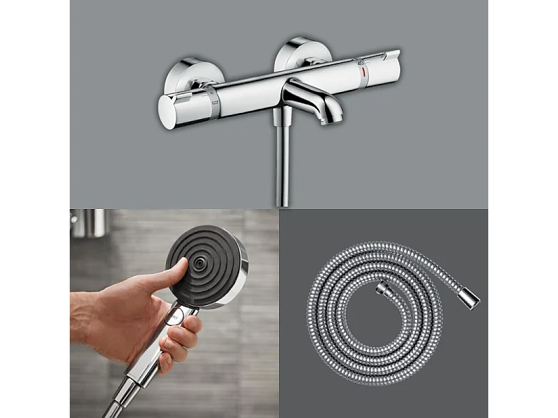 Pack mitigeur bain thermostatique HANSGROHE Ecostat Comfort + Flexible Metaflex 1,6m + Pommeau Pulsify EcoSmart 3 jets chromé