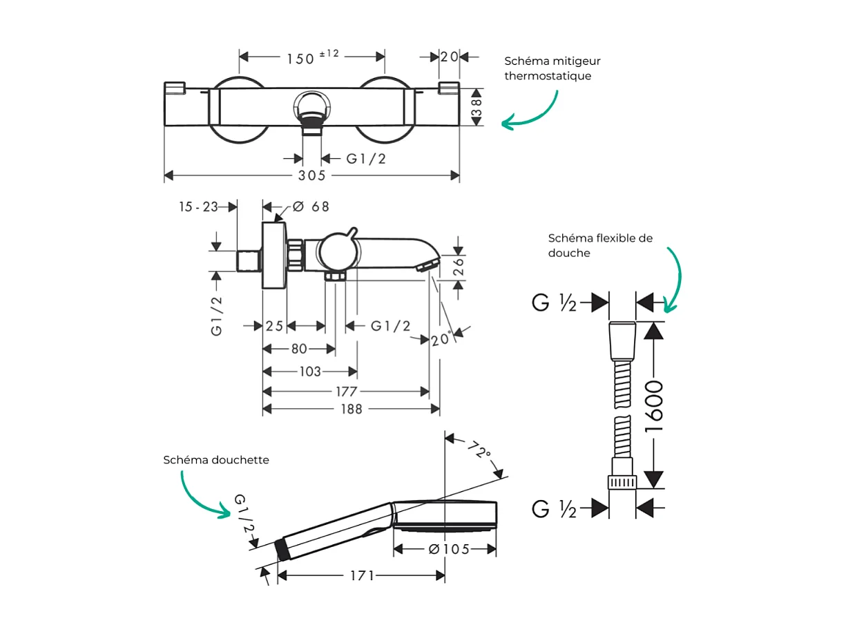Pack mitigeur bain thermostatique HANSGROHE Ecostat Comfort + Flexible Metaflex 1,6m + Pommeau Pulsify EcoSmart 3 jets chromé