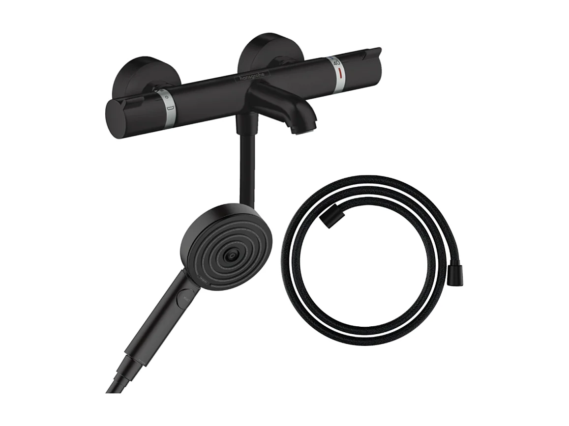 Pack mitigeur bain douche thermostatique HANSGROHE Ecostat Comfort + Flexible Designflex + Pommeau Pulsify 3jets Relaxation noir