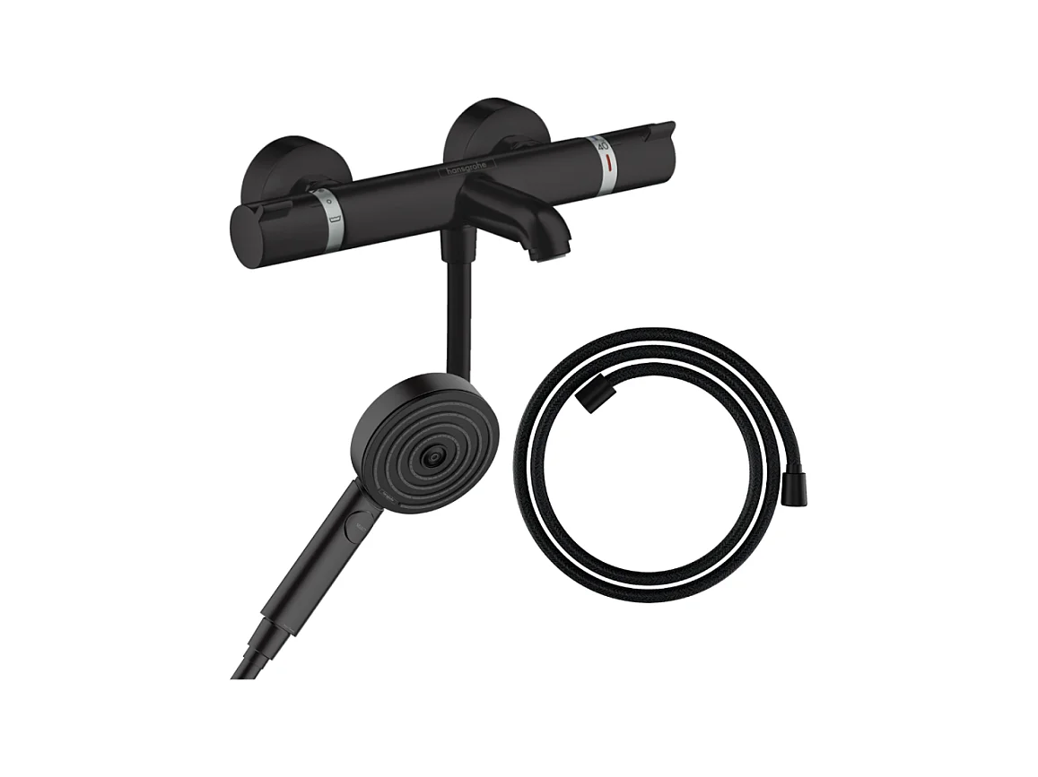 Pack mitigeur bain douche thermostatique HANSGROHE Ecostat Comfort + Flexible Designflex + Pommeau Pulsify 3jets Relaxation noir