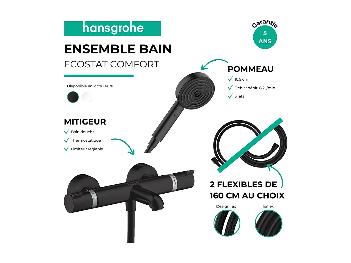 Pack mitigeur bain douche thermostatique HANSGROHE Ecostat Comfort + Flexible Designflex + Pommeau Pulsify 3jets Relaxation noir
