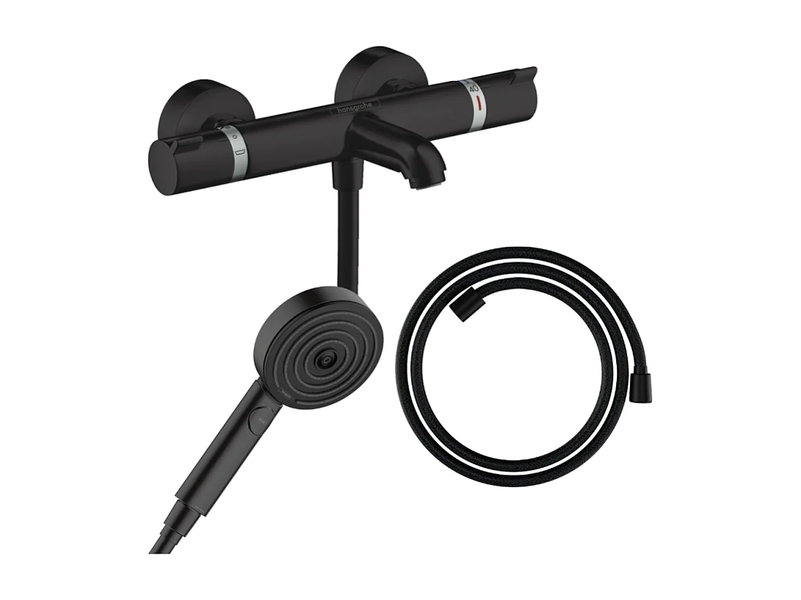Pack mitigeur bain douche thermostatique HANSGROHE Ecostat Comfort + Flexible Designflex + Pommeau Pulsify 3jets Relaxation noir