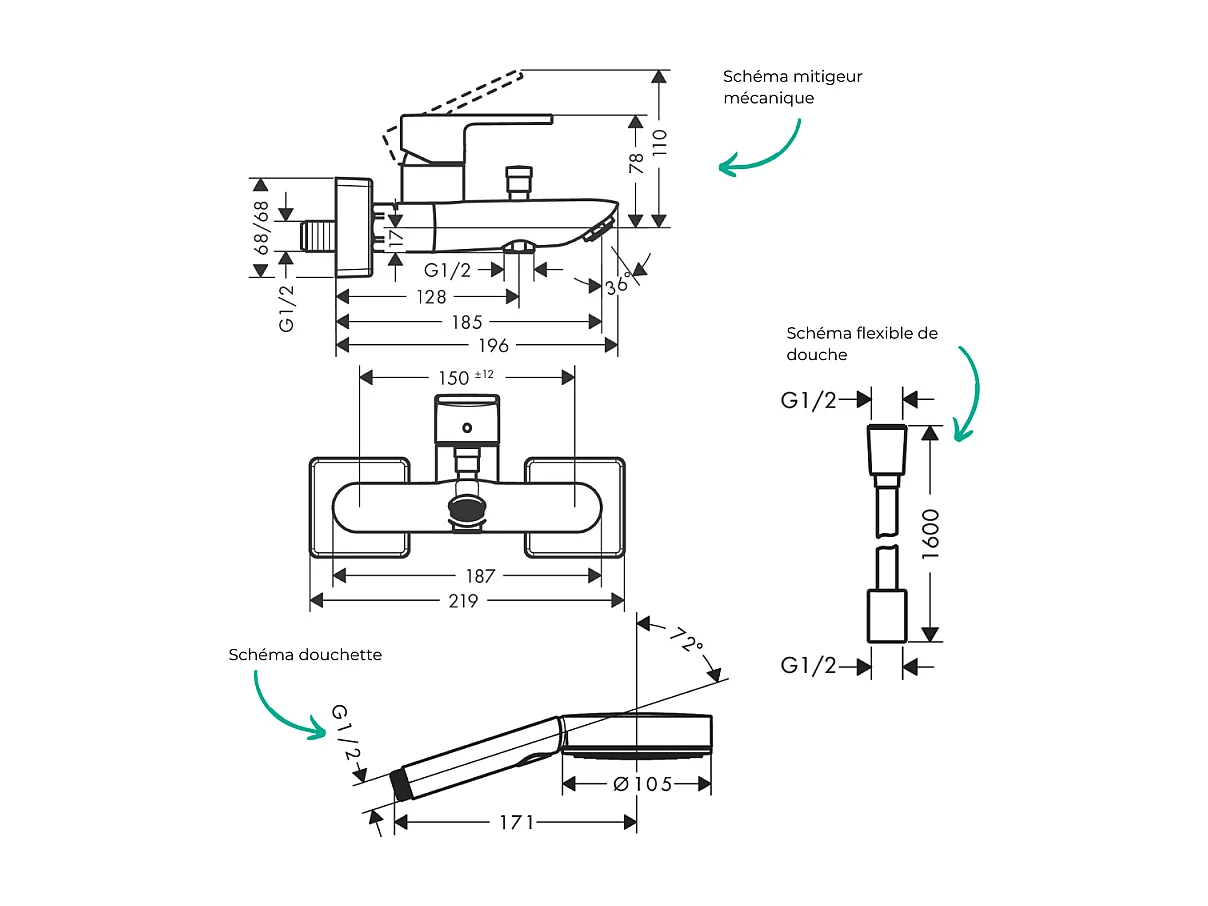 Pack mitigeur bain mécanique HANSGROHE Vernis Shape C2 + Flexible Designflex+Pommeau Pulsify Select EcoSmart 105 3jets chromé