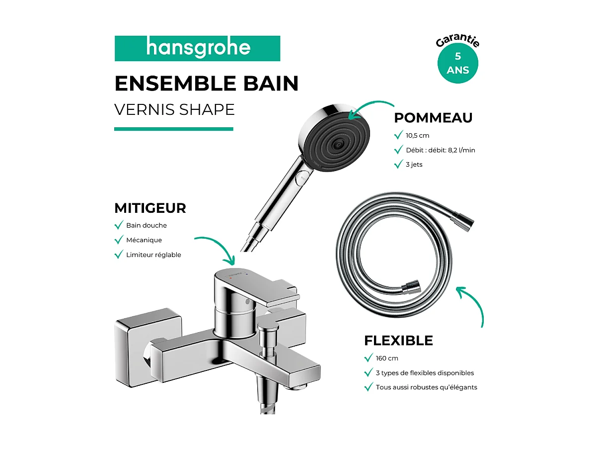 Pack mitigeur bain mécanique HANSGROHE Vernis Shape C2 + Flexible Designflex+Pommeau Pulsify Select EcoSmart 105 3jets chromé