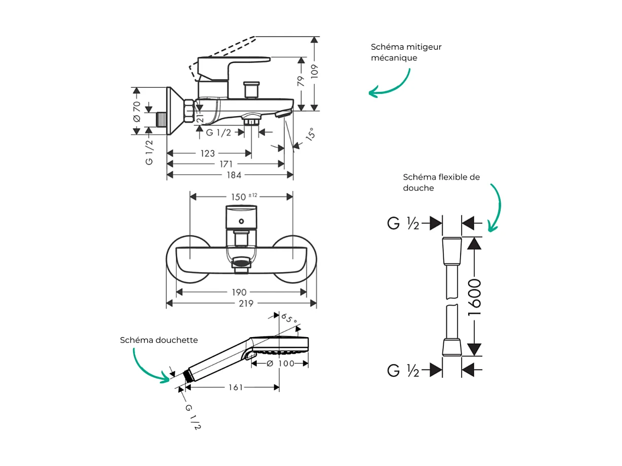 Pack mitigeur bain douche HANSGROHE Vernis Blend + Flexible Designflex + Pommeau HANSGROHE Vernis Blend 100 Vario noir mat