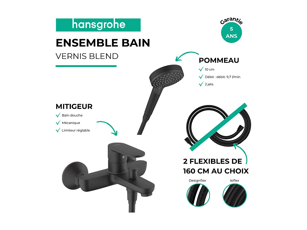 Pack mitigeur bain douche HANSGROHE Vernis Blend + Flexible Designflex + Pommeau HANSGROHE Vernis Blend 100 Vario noir mat