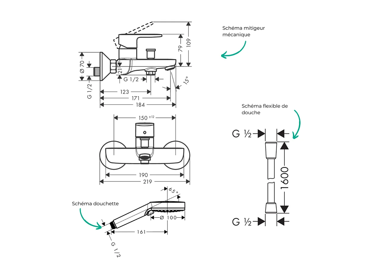 Pack mitigeur bain douche HANSGROHE Vernis Blend + Flexible Designflex + Pommeau HANSGROHE Vernis Blend 100 Vario noir mat