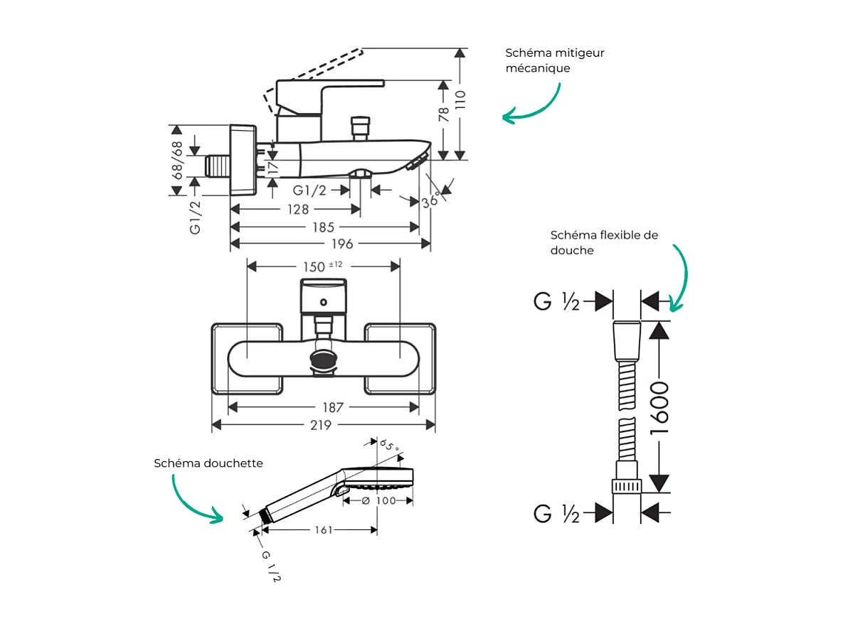Pack mitigeur bain douche mécanique HANSGROHE Vernis Shape C2 + Flexible Metaflex + Pommeau Vernis Blend 100 EcoSmart 2jets chromé