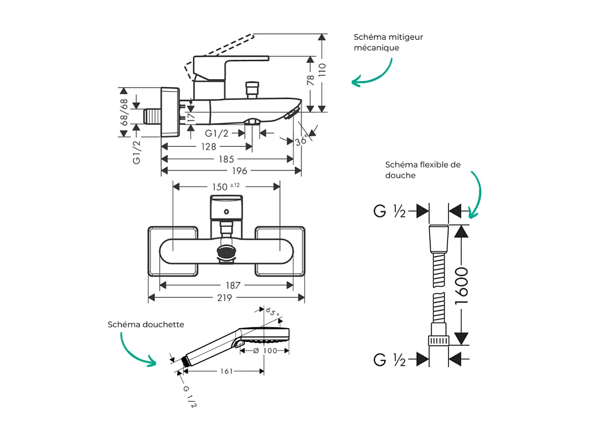 Pack mitigeur bain douche mécanique HANSGROHE Vernis Shape C2 + Flexible Metaflex + Pommeau Vernis Blend 100 EcoSmart 2jets chromé