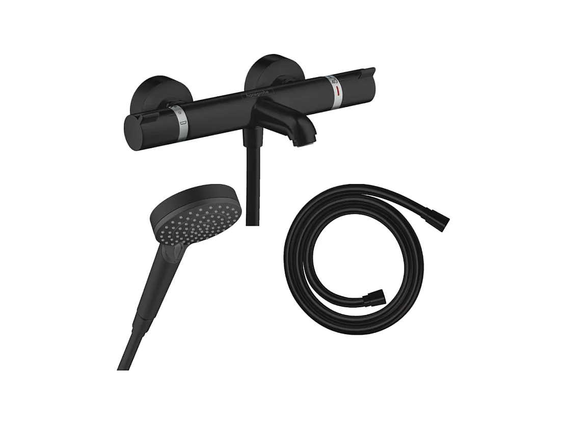 Pack mitigeur bain douche thermostatique HANSGROHE Ecostat Comfort  + Flexible Isiflex + Pommeau Vernis Blend Vario noir mat