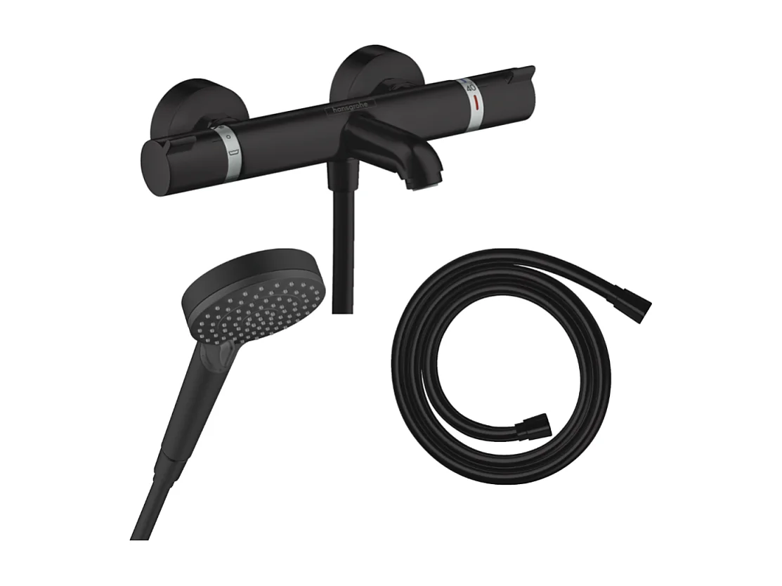 Pack mitigeur bain douche thermostatique HANSGROHE Ecostat Comfort  + Flexible Isiflex + Pommeau Vernis Blend Vario noir mat