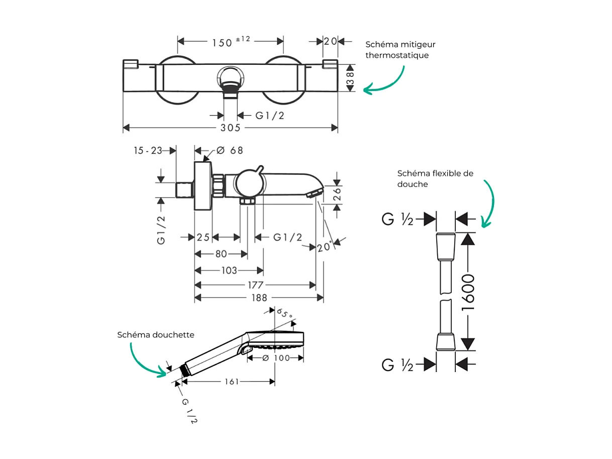 Pack mitigeur bain douche thermostatique HANSGROHE Ecostat Comfort  + Flexible Isiflex + Pommeau Vernis Blend Vario noir mat