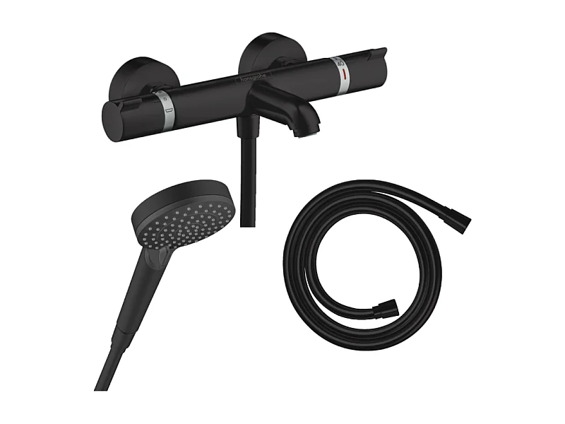 Pack mitigeur bain douche thermostatique HANSGROHE Ecostat Comfort  + Flexible Isiflex + Pommeau Vernis Blend Vario noir mat