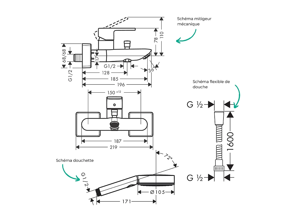 Pack mitigeur bain mécanique HANSGROHE Vernis Shape C2 + Flexible Metaflex + Pommeau Pulsify Select EcoSmart 105 3jets chromé