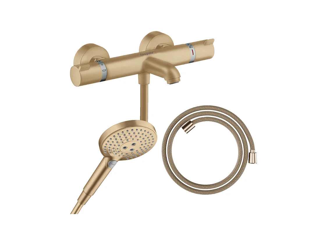 Pack mitigeur bain douche thermostatique HANSGROHE Ecostat Comfort + Flexible Designflex + Pommeau Raindance Select 3jets bronze
