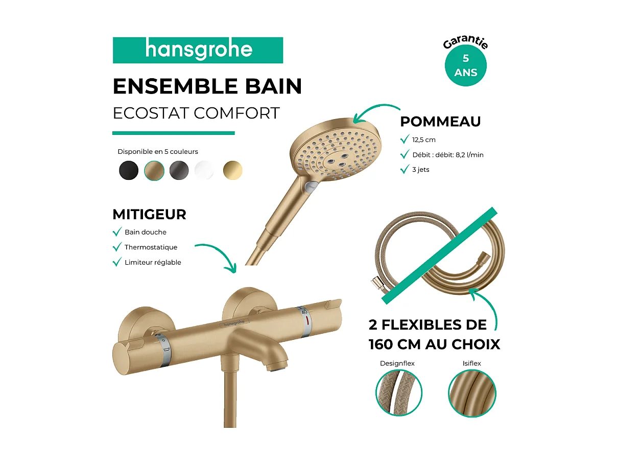 Pack mitigeur bain douche thermostatique HANSGROHE Ecostat Comfort + Flexible Designflex + Pommeau Raindance Select 3jets bronze